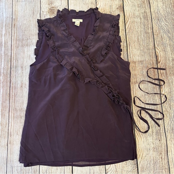 J Crew Sleeveless Wrap Blouse 4 Purple 100% Silk Ruffled Purple Office Holiday - Picture 5 of 8